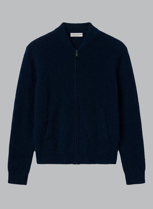 Strickjacke mit Rundhalsausschnitt und langen Ärmeln aus Waschbärfell/Polyamid in Marineblau - MAJESTIC FILATURES