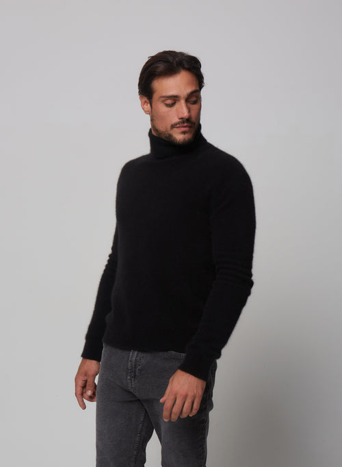 Pull Noir Col roulé manches longues en Raccon wool / Polyamide - MAJESTIC FILATURES