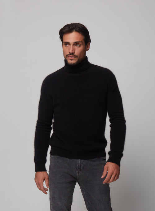 Pull Noir Col roulé manches longues en Raccon wool / Polyamide - MAJESTIC FILATURES