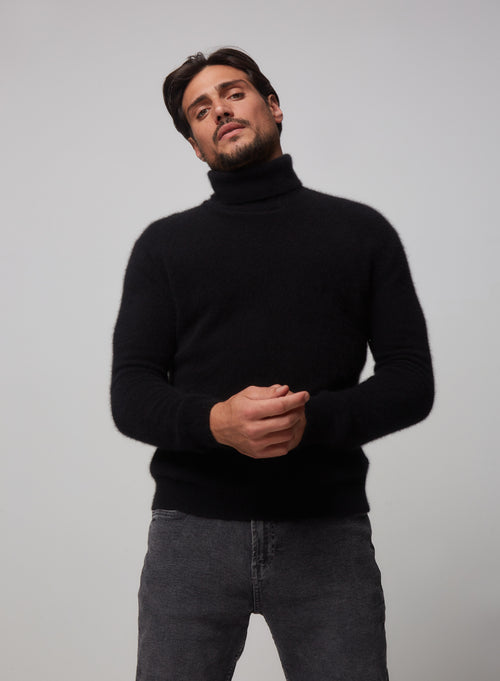 Pull Noir Col roulé manches longues en Raccon wool / Polyamide - MAJESTIC FILATURES