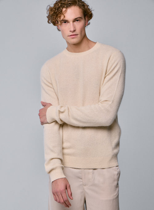 Weißer Langarmpullover mit Rundhalsausschnitt aus Raccon-Wolle / Polyamid - MAJESTIC FILATURES