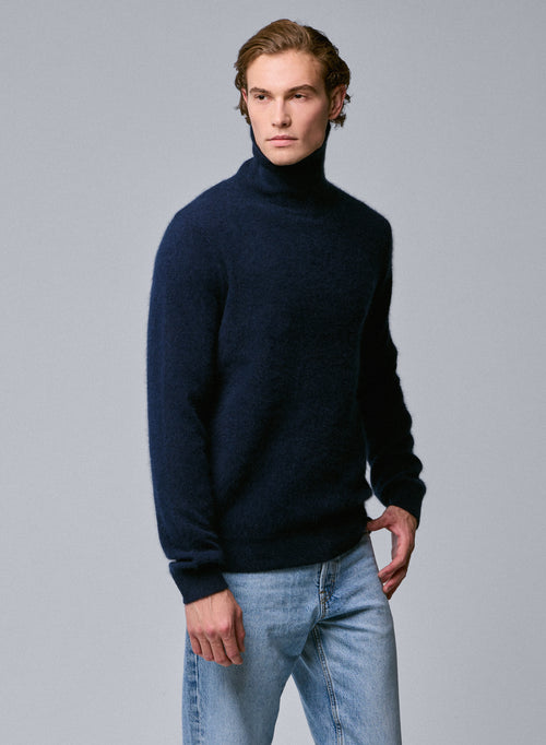 Marineblauer Rollkragenpullover mit langen Ärmeln aus Raccon-Wolle / Polyamid - MAJESTIC FILATURES
