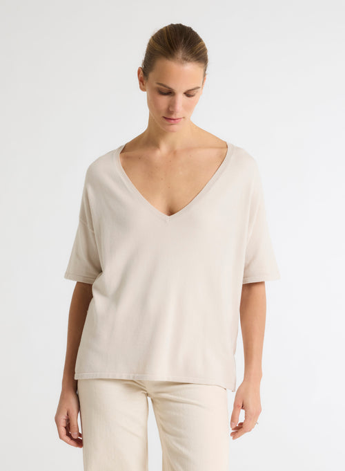 Pull beige Col V Manches Courtes - MAJESTIC FILATURES