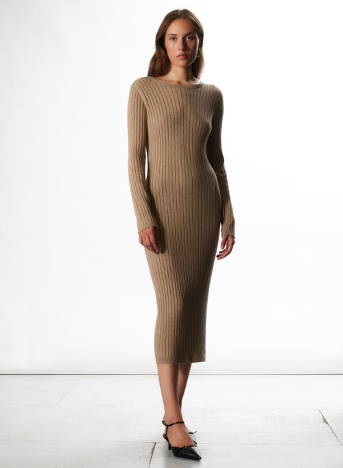 Robe Camel Col Rond Manches Longues en Coton Organique / Viscose / Elasthanne / Fibre Métalisée - MAJESTIC FILATURES