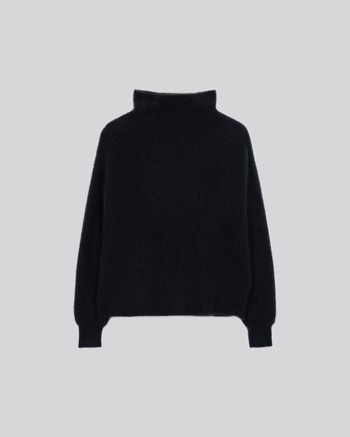 Pull Noir Col Roulé Manches Longues en Laine / Fox / Polyamide - MAJESTIC FILATURES