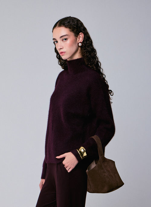 Pull Aubergine Col Roulé Manches Longues en Laine / Fox / Polyamide - MAJESTIC FILATURES