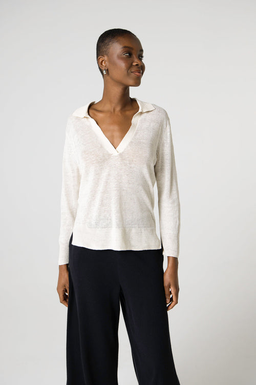 Polohemd mit Dreiviertelärmeln aus Leinen in Weiß - MAJESTIC FILATURES