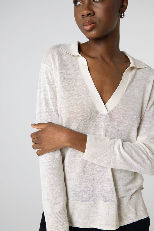 Polohemd mit Dreiviertelärmeln aus Leinen in Weiß - MAJESTIC FILATURES