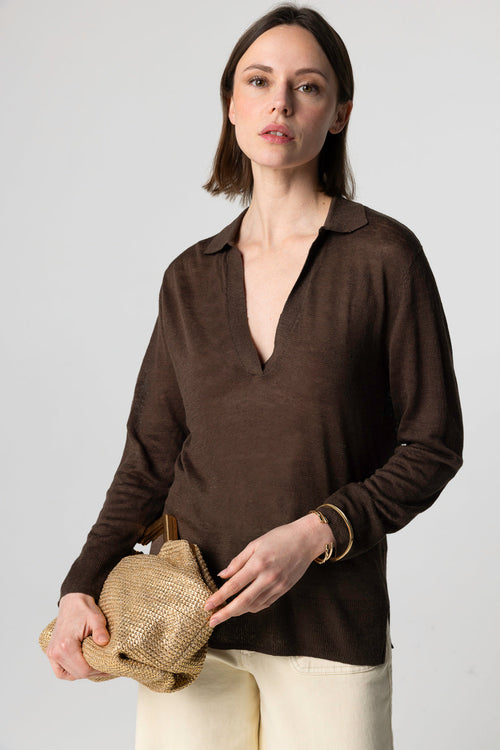 Polohemd mit Dreiviertelärmeln aus Leinen in Dunkelbraun - MAJESTIC FILATURES