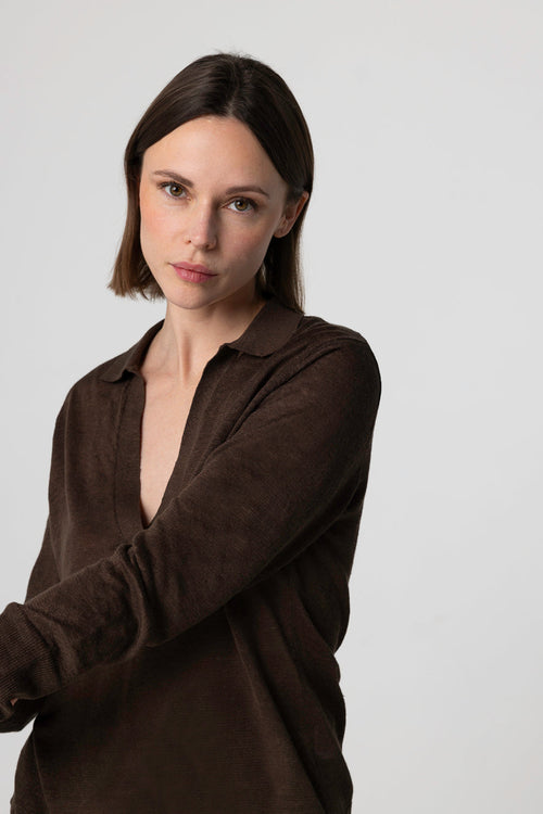 Polohemd mit Dreiviertelärmeln aus Leinen in Dunkelbraun - MAJESTIC FILATURES