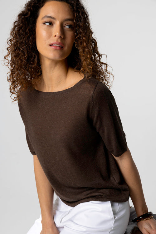 Pull Marron Foncé Col Rond Manches Courtes en Lin - MAJESTIC FILATURES
