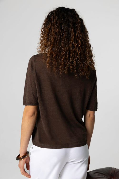 Pull Marron Foncé Col Rond Manches Courtes en Lin - MAJESTIC FILATURES