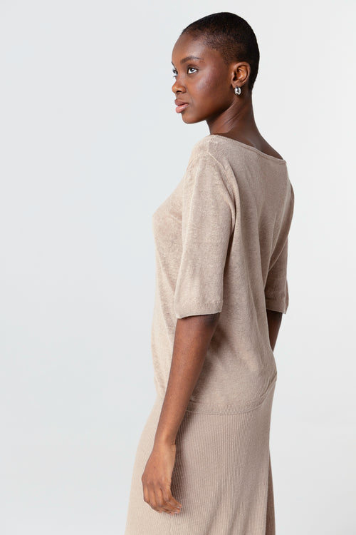 Pull Beige Col Rond Manches Courtes en Lin - MAJESTIC FILATURES
