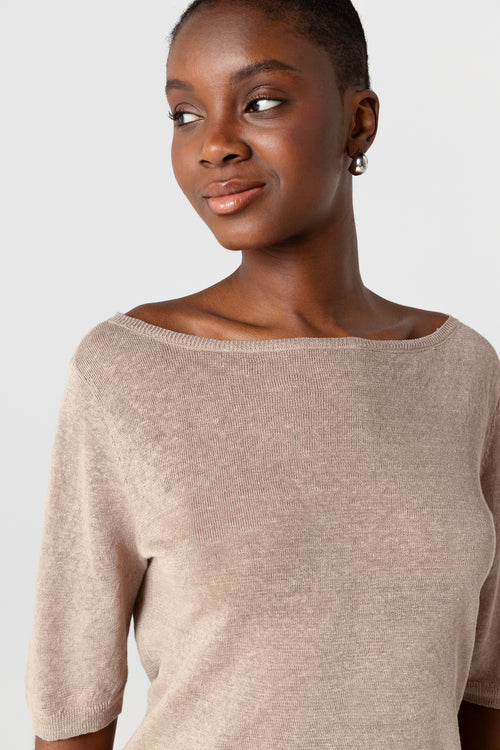 Pull Beige Col Rond Manches Courtes en Lin - MAJESTIC FILATURES