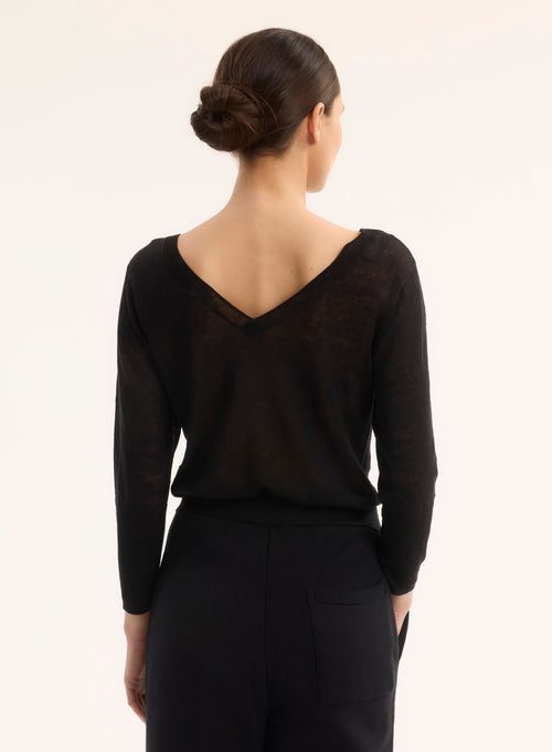 Pull Noir Col Bateau Manches Trois quarts - MAJESTIC FILATURES