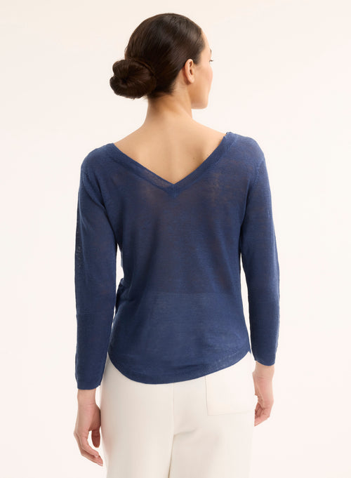 Pull Bleu Col Bateau Manches Trois quarts - MAJESTIC FILATURES