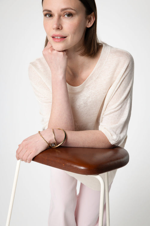 Pull Cream Col Rond Manches Courtes en Lin - MAJESTIC FILATURES