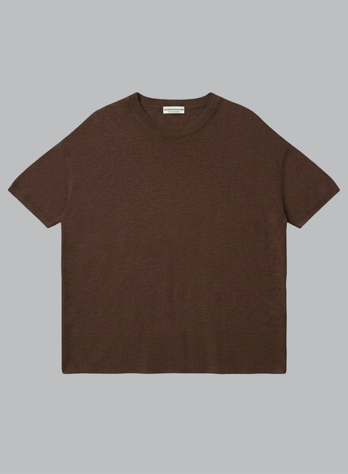 Pull Marron Foncé Col Rond Manches Courtes en Lin - MAJESTIC FILATURES