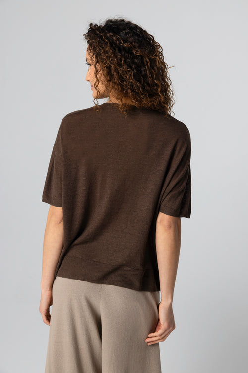 Pull Marron Foncé Col Rond Manches Courtes en Lin - MAJESTIC FILATURES