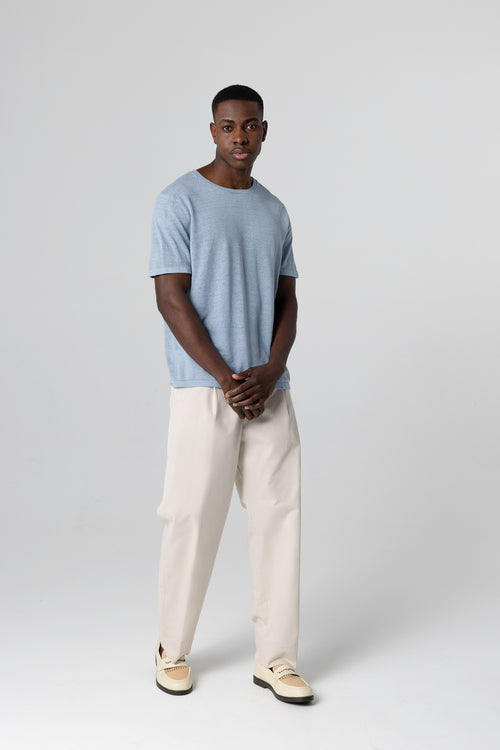 Pullover mit Rundhalsausschnitt und kurzen Ärmeln aus Leinen in Blau Calanques - MAJESTIC FILATURES