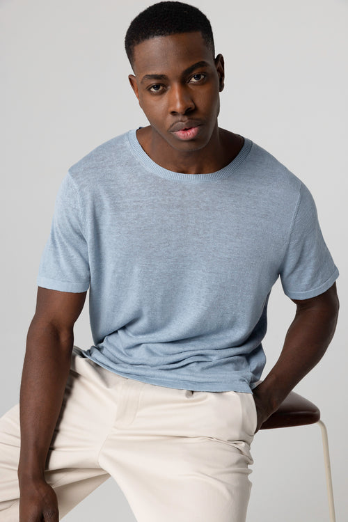 Pullover mit Rundhalsausschnitt und kurzen Ärmeln aus Leinen in Blau Calanques - MAJESTIC FILATURES