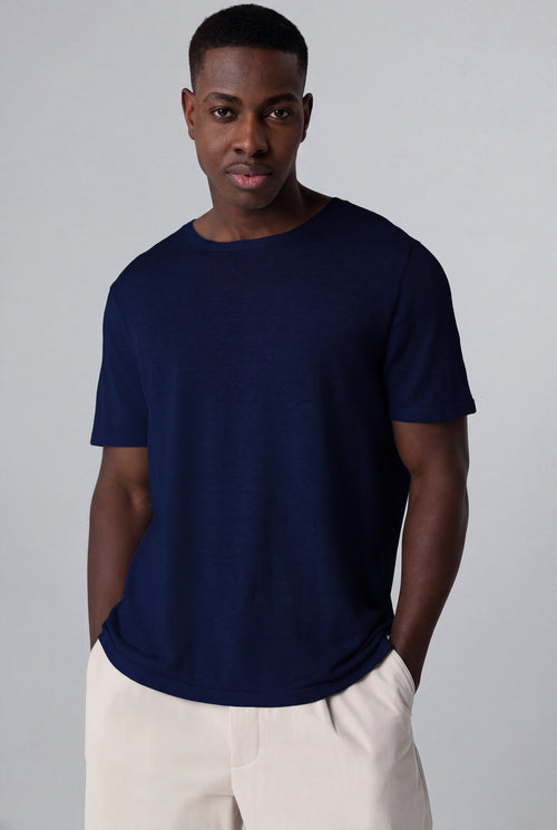 Pull Bleu Col Rond Manches Courtes en Lin - MAJESTIC FILATURES