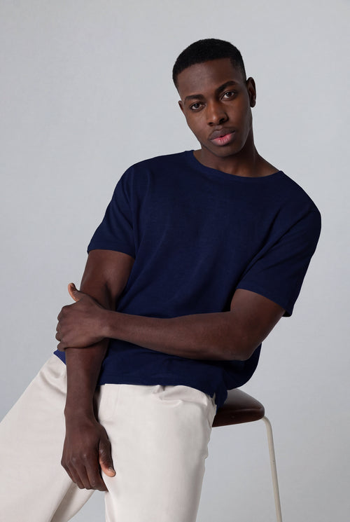 Pull Bleu Col Rond Manches Courtes en Lin - MAJESTIC FILATURES