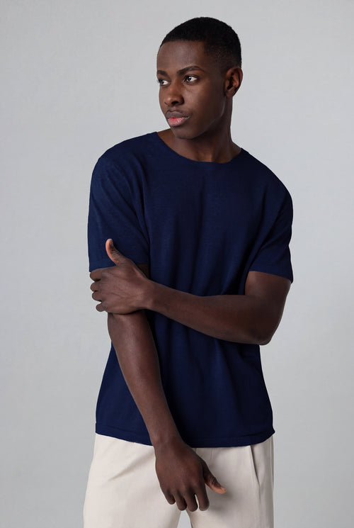 Pull Bleu Col Rond Manches Courtes en Lin - MAJESTIC FILATURES