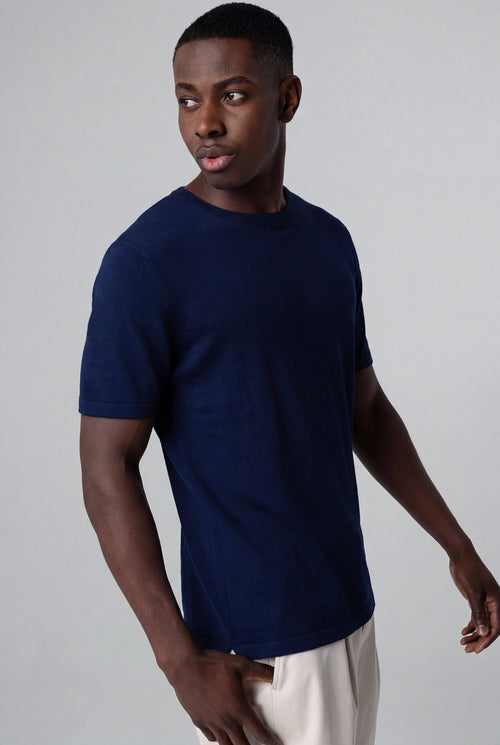 Pull Bleu Col Rond Manches Courtes en Lin - MAJESTIC FILATURES