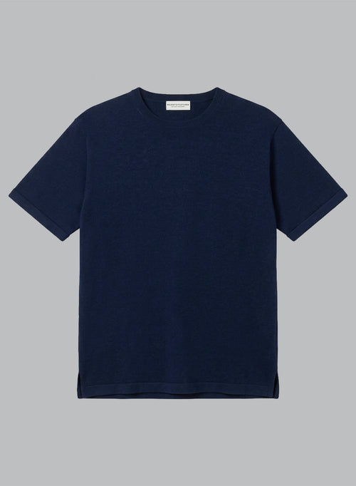 Pull Bleu Col Rond Manches Courtes en Lin - MAJESTIC FILATURES
