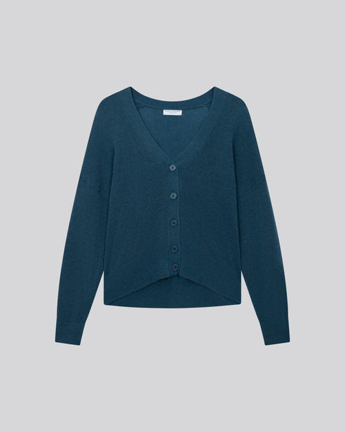 Gilet Bleu Col V Manches Longues en Laine / Soie / Cachemire - MAJESTIC FILATURES