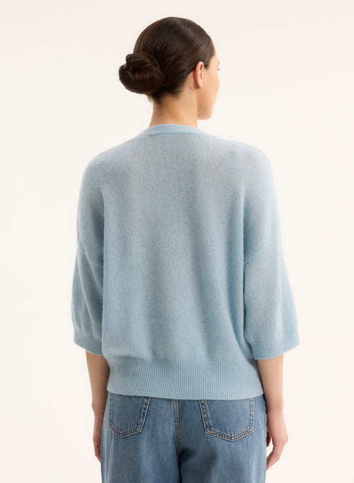 Pull Bleu Col Rond Manches Coudes - MAJESTIC FILATURES