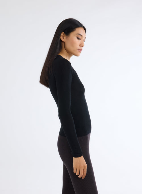 Pull Noir Col Rond Manches Longues - MAJESTIC FILATURES