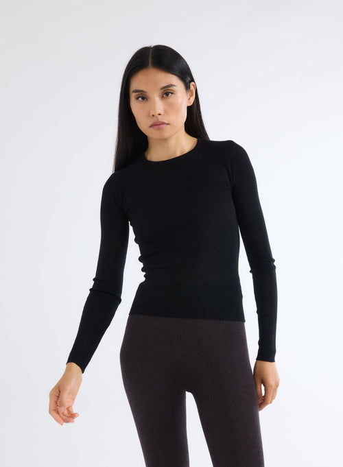 Pull Noir Col Rond Manches Longues - MAJESTIC FILATURES