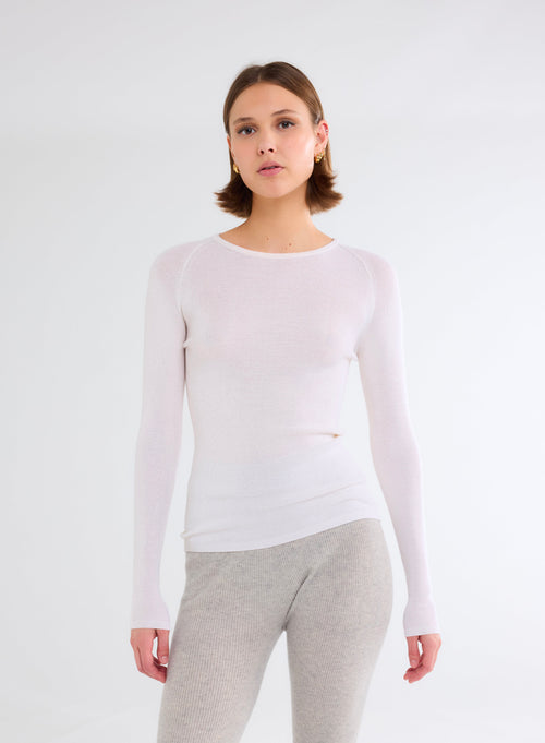 Pull Blanc Col Rond Manches Longues - MAJESTIC FILATURES