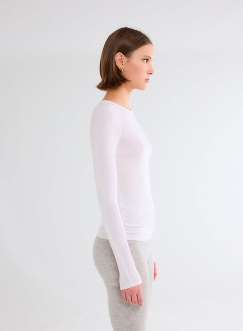 Pull Blanc Col Rond Manches Longues - MAJESTIC FILATURES