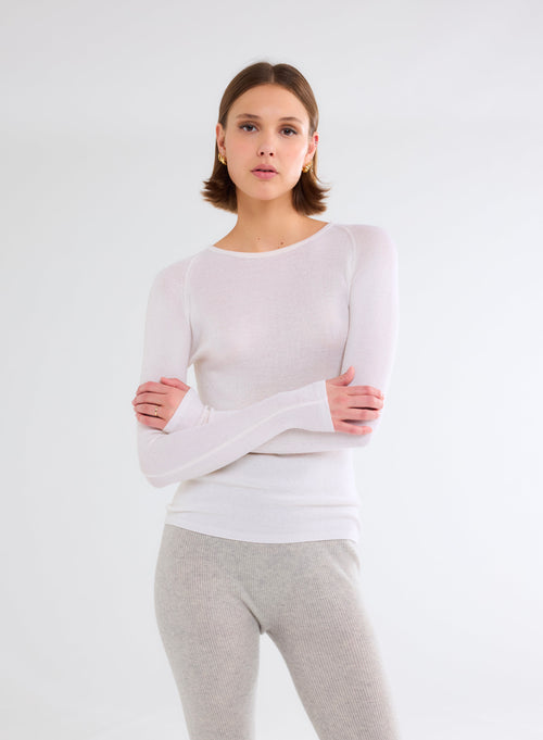 Pull Blanc Col Rond Manches Longues - MAJESTIC FILATURES