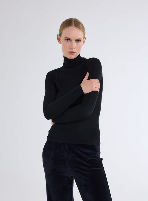 Pull Noir Col Montant Manches Longues - MAJESTIC FILATURES