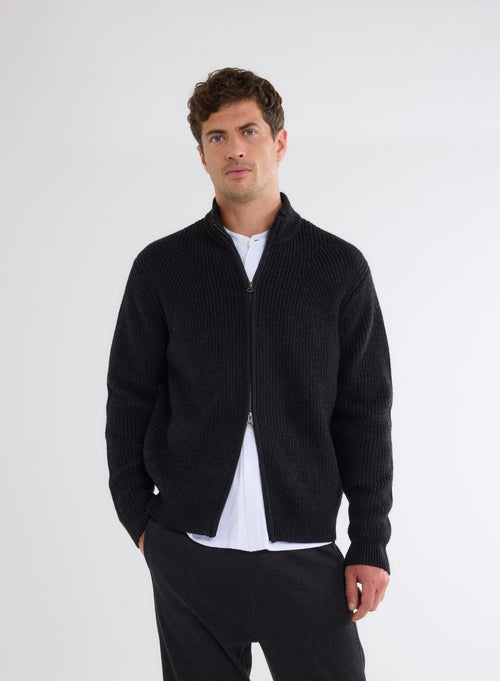 Gilet Noir Col Montant Manches Longues en Laine Merinos - MAJESTIC FILATURES