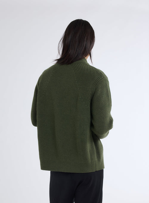 Gilet Vert Col Montant Manches Longues en 100% Laine Merinos - MAJESTIC FILATURES