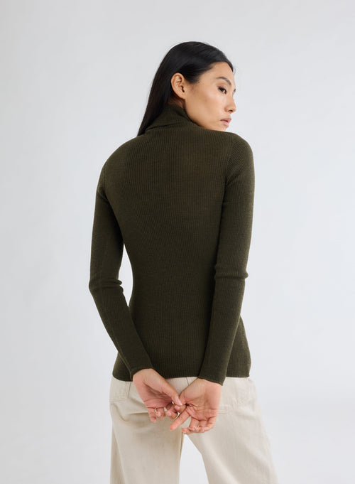 Pull Vert Col Roulé Manches Longues - MAJESTIC FILATURES