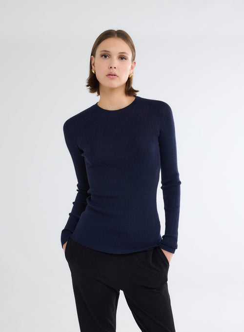 Pull Marine Col Rond Manches Longues - MAJESTIC FILATURES