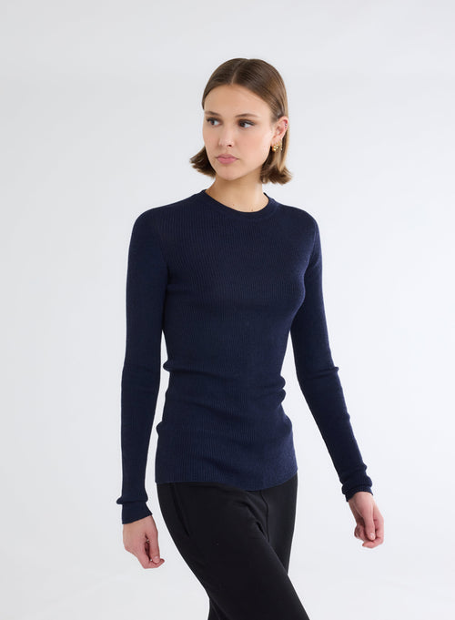 Pull Marine Col Rond Manches Longues - MAJESTIC FILATURES