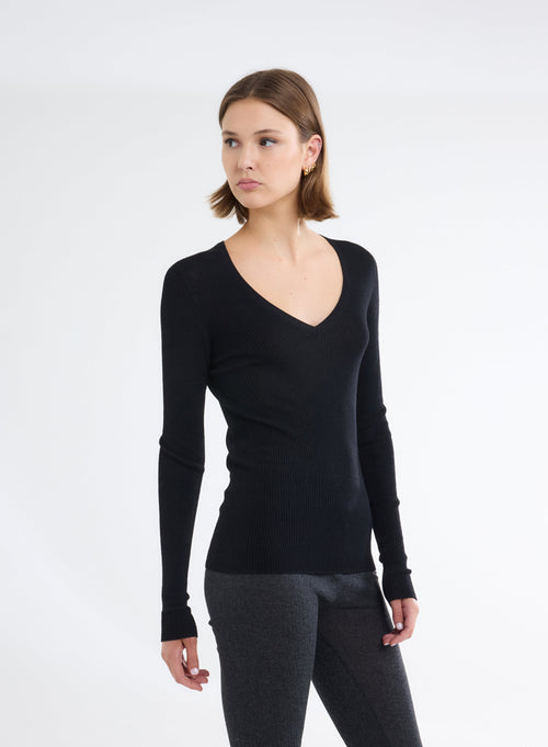 Pull Noir Col Rond Manches Longues - MAJESTIC FILATURES