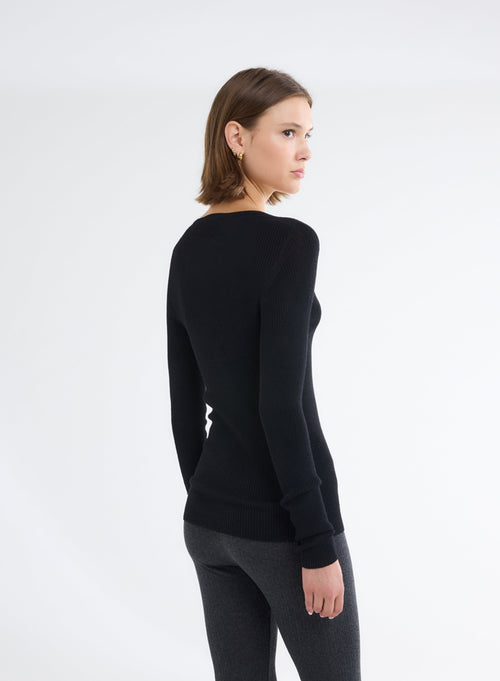 Pull Noir Col Rond Manches Longues - MAJESTIC FILATURES