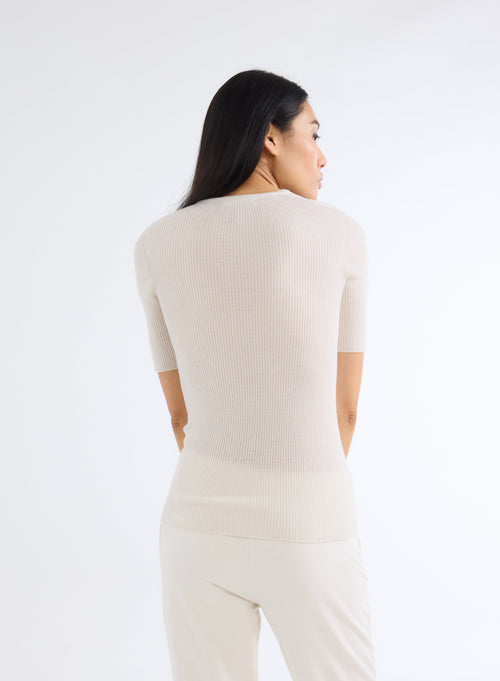 Pull Blanc Col Rond Manches Coudes - MAJESTIC FILATURES