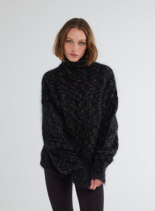 Pull Noir / Marron Col Roulé Manches Longues - MAJESTIC FILATURES