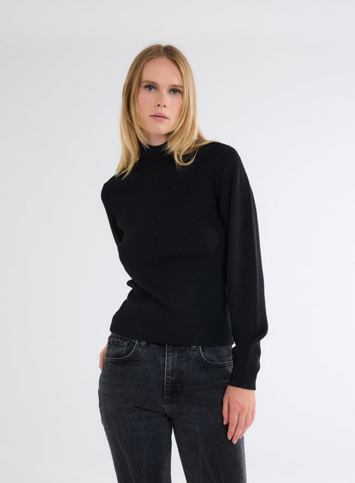 Pull Noir Col Montant Manches Longues - MAJESTIC FILATURES