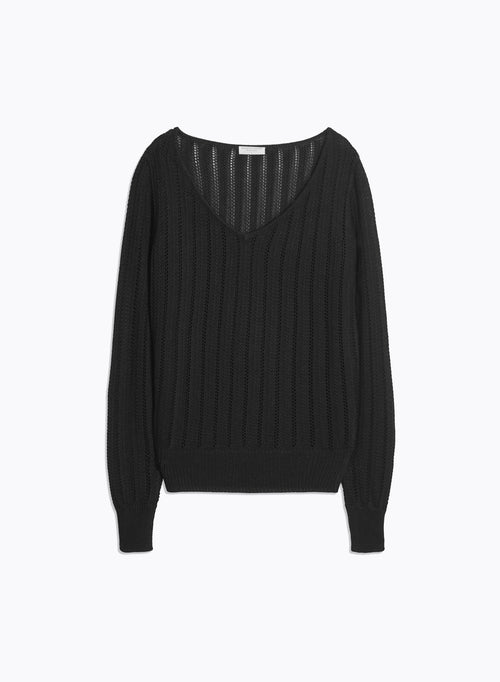 Pull Noir Col V Manches Longues - MAJESTIC FILATURES