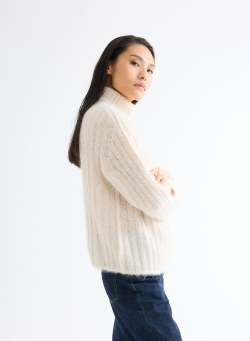 Pull blanc col roulé manches longues - MAJESTIC FILATURES